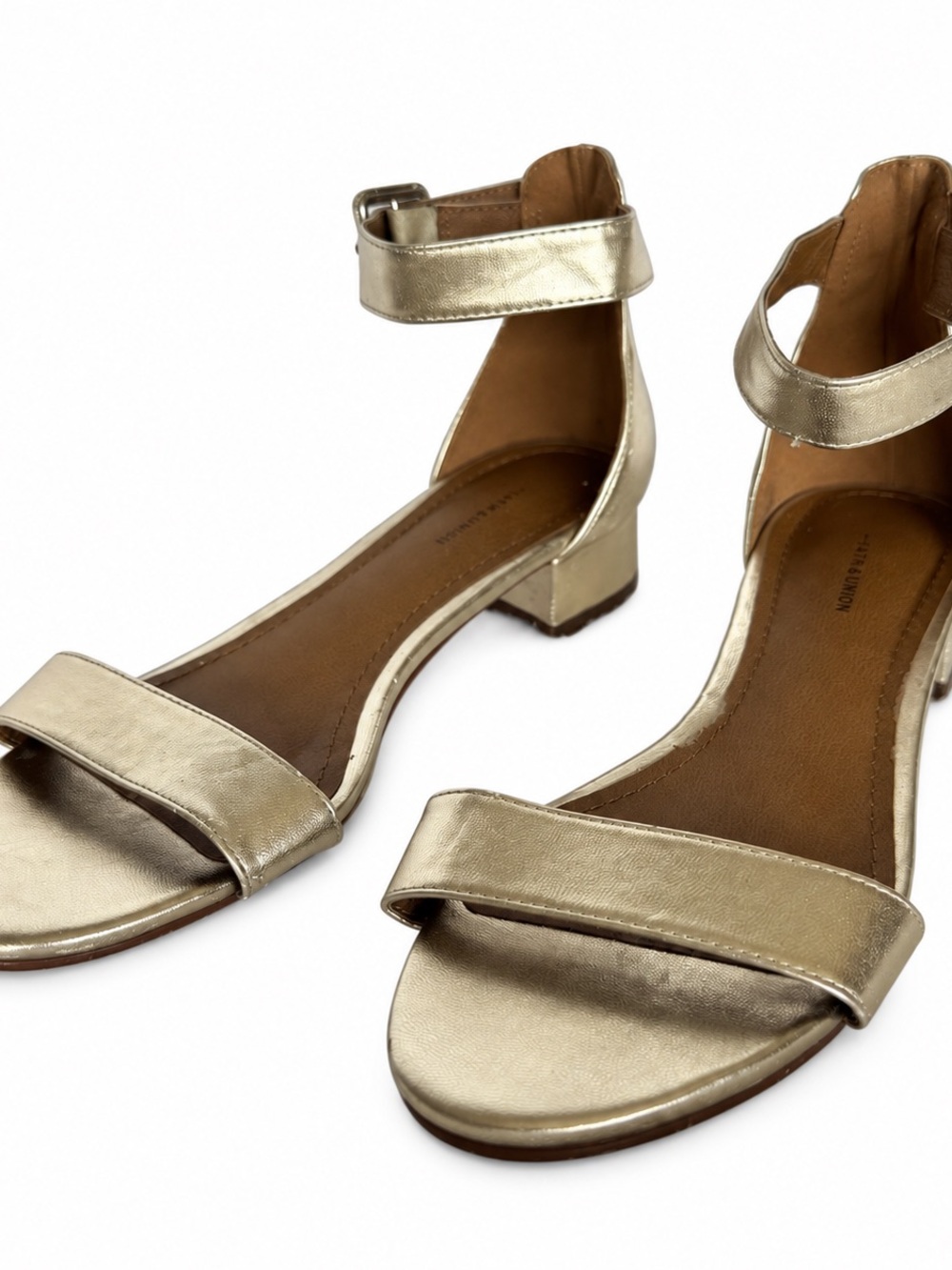 14th & Union Metallic Gold Ankle Strap Low Block Heel Sandals – Size 6.5 M